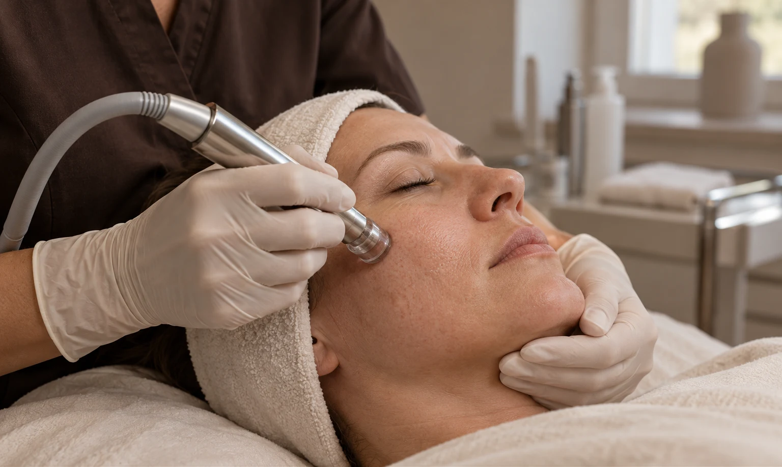 Illustration av Microdermabrasion med Powerlite Peeler, inte ett fotografi från salongen eller ett behandlingsresultat